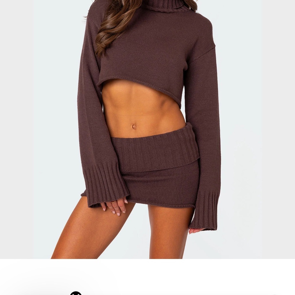 Cropped Knit Sweater and Mini Skirt Set — Chocolate Brown